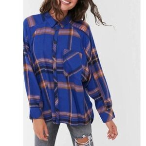 Urban Outfitters Blue Orange Plaid Flannel Oversized Slouchy Button Up Shirt